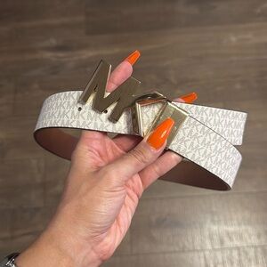 Michael Kors MK Logo Cream & Tan Gold Hardware Leather Belt